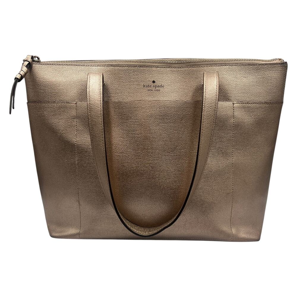 Kate Spade New York Page Gold Metallic Leather Zip-Top Tote Bag Double Handles